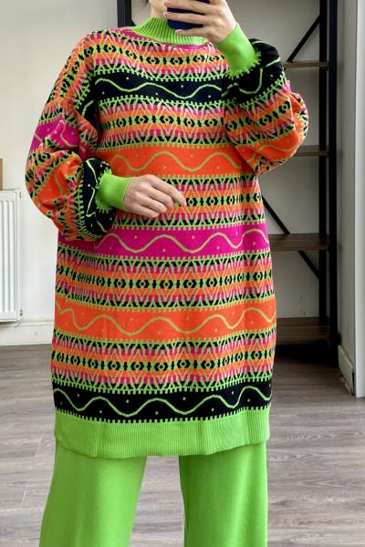 TCN1330 etnik desen balonkol Triko Takım fıstık yeşili