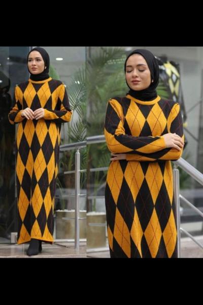 TCN482 BAKLAVA DESEN TRİKO ELBİSE (SARI- SİYAH)
