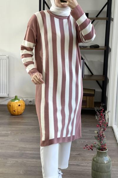 tcn505 pudra beyaz  cizgili triko tunik