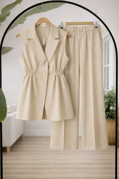 Tek Düğmeli  yelekli Takım  bej TB8083
