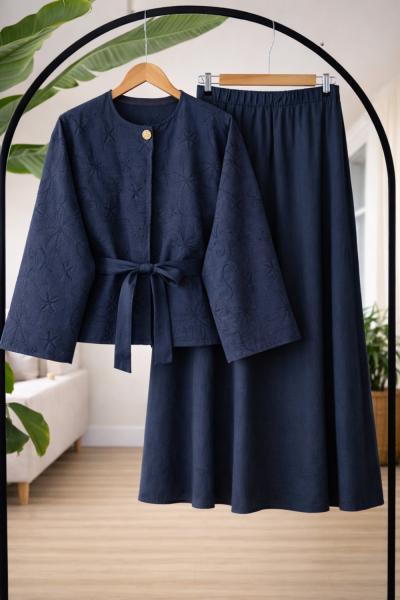 Tek düğmeli Nakış işlemeli ceket takım Lacivert TB8084