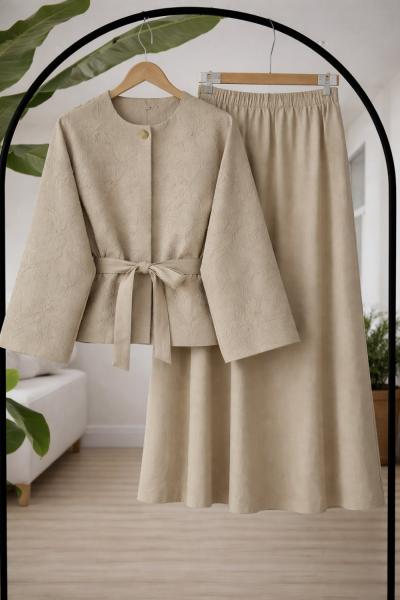 Tek düğmeli Nakış işlemeli ceket takım bej TB8084