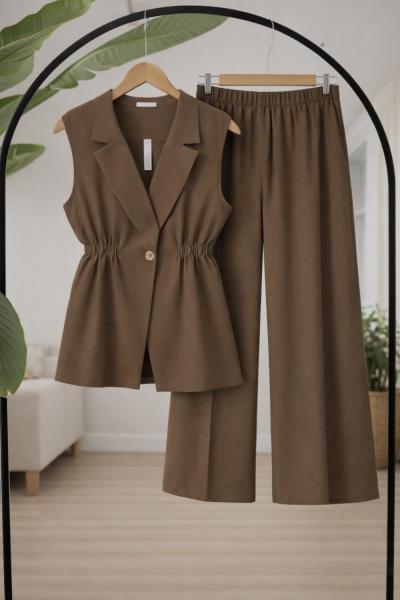 Tek Düğmeli  yelekli Takım kahve TB8083