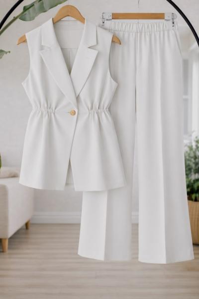 Tek Düğmeli  yelekli Takım Beyaz TB8083