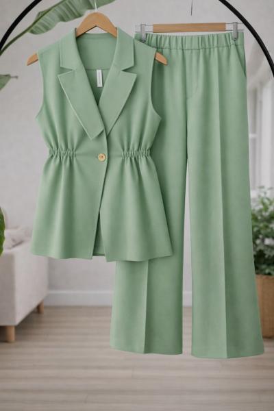 Tek Düğmeli  yelekli Takım suyeşil TB8083