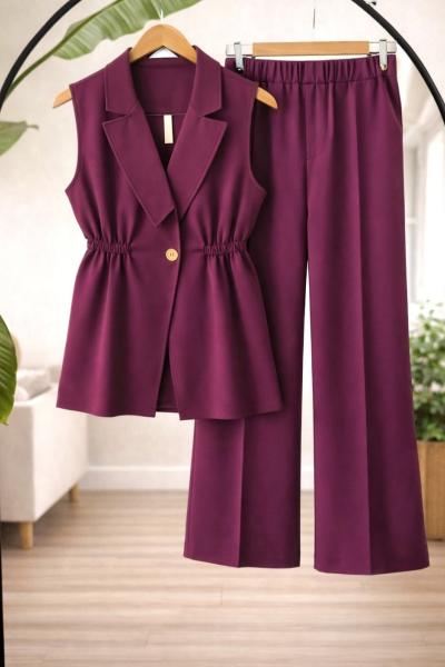 Tek Düğmeli  yelekli Takım Mürdüm TB8083