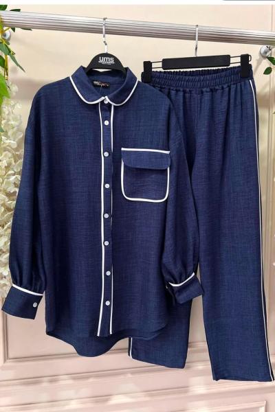 Tekcep Biyeli Keten Takım Lacivert UMS50234