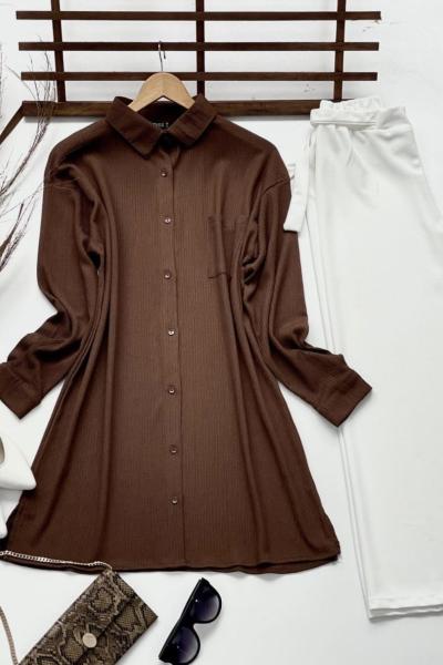 Tekcep  düğmeli tunik kahve  Ady3079