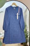 Tekçepli Uzun Keten Tunik İndigo SLT30267