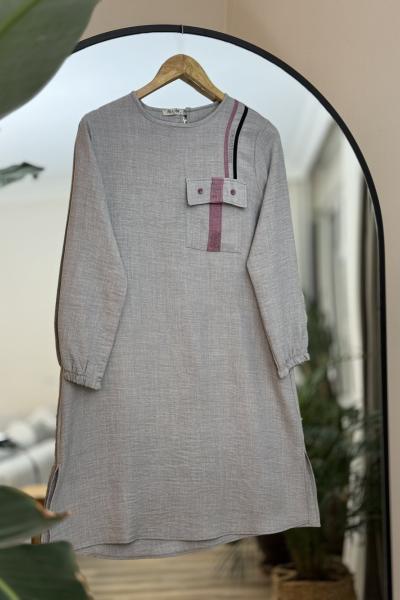Tekçepli Uzun Keten Tunik Gri SLT30267