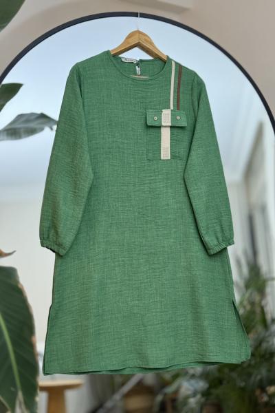 Tekçepli Uzun Keten Tunik Yeşil SLT30267