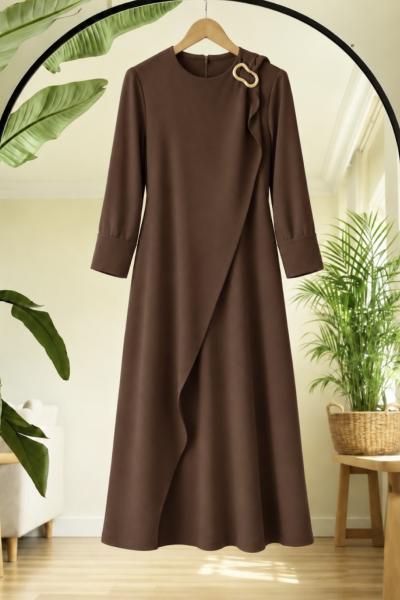 Tokalı Bağcıklı Elbise kahve SL8079
