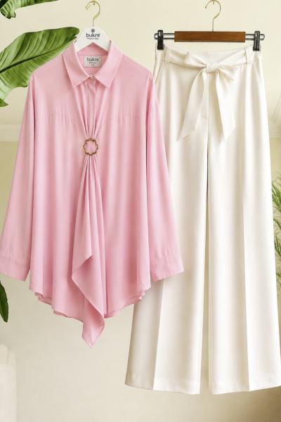 Tokalı Tek düğmeli Kimono Gömlek Pembe BK9581