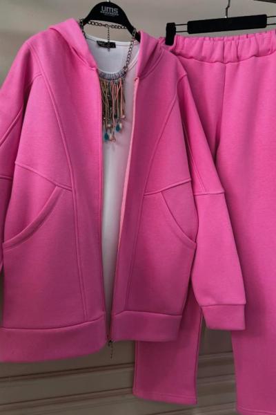Üçiplik kapşonlu büyük cepli  takım fuşyaUMS50108