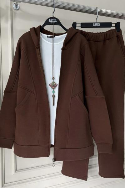 Üçiplik kapşonlu büyük cepli  takım kahve UMS50108