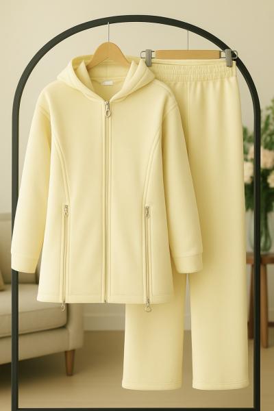 Üçiplik kapşonlu Fermuar Detaylı Takım Sarı UMS50331