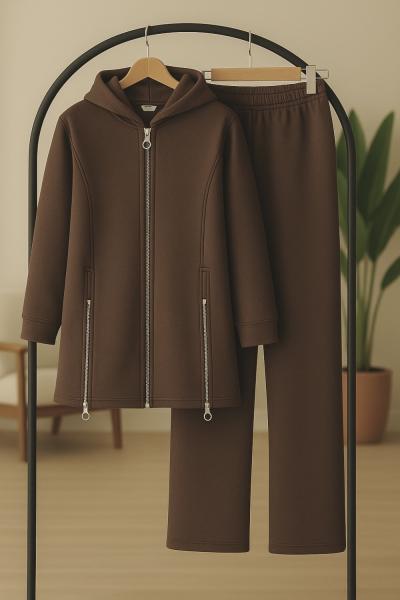 Üçiplik kapşonlu Fermuar Detaylı Takım Kahve UMS50331