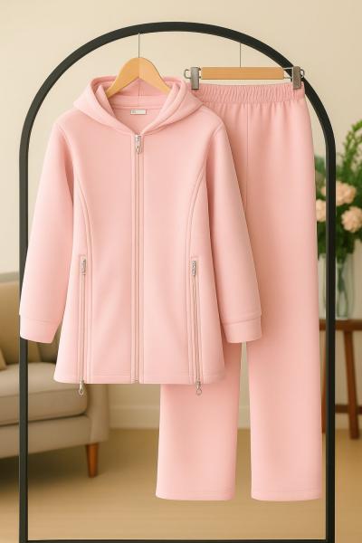 Üçiplik kapşonlu Fermuar Detaylı Takım Pembe UMS50331