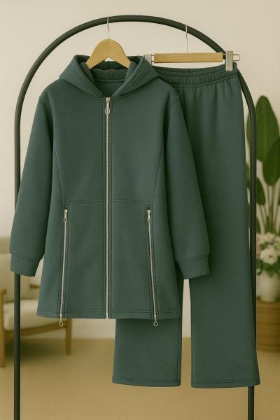 Üçiplik kapşonlu Fermuar Detaylı Takım Zümrüt UMS50331