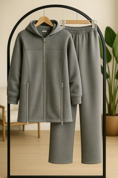 Üçiplik kapşonlu Fermuar Detaylı Takım Gri UMS50331