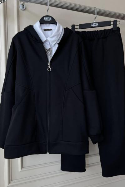 Üçiplik kapşonlu büyük cepli  takım Siyah UMS50108