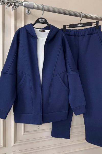 Üçiplik kapşonlu büyük cepli  takım indigo UMS50108