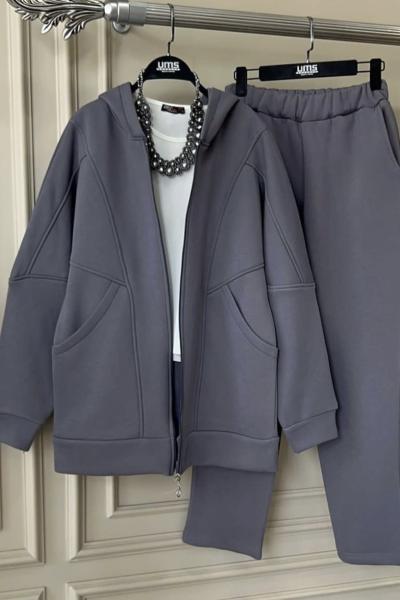 Üçiplik kapşonlu büyük cepli  takım Gri UMS50108