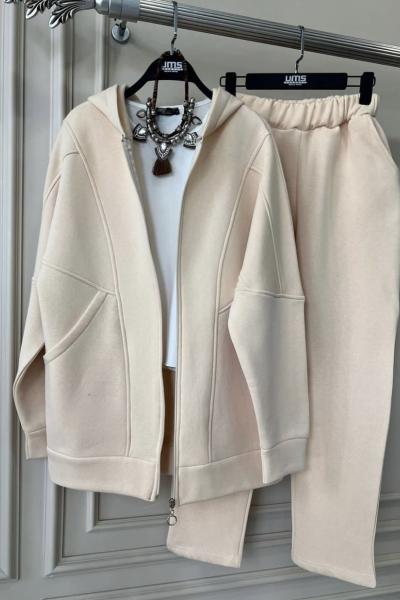 Üçiplik kapşonlu büyük cepli  takım Bej UMS50108