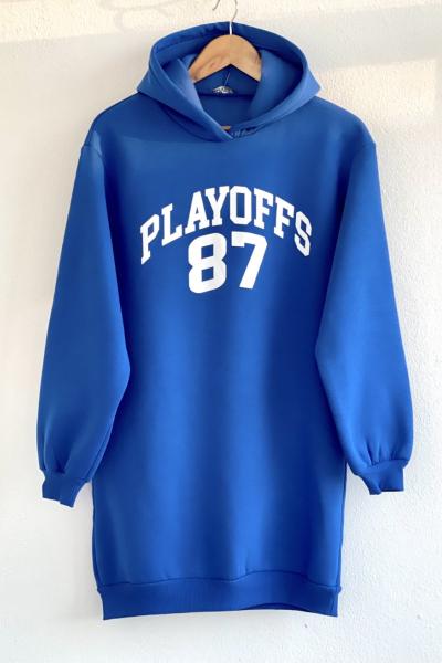 Üçiplik Kapşonlu baskılı  tunik Saks  ADS30187