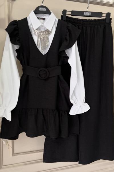 Üçlü kemerli omuz fırfırlı Takım Siyah UMS50137