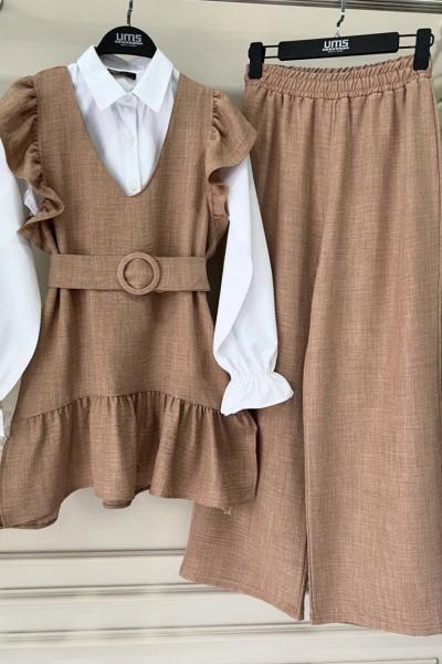 Üçlü kemerli omuz fırfırlı Takım Camel UMS50137