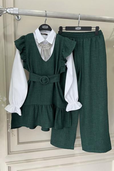 Üçlü kemerli omuz fırfırlı Takım Zümrüt UMS50137