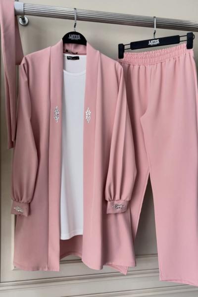 Üçlü Kol Ön Taş  işleme Takım  açık pembe UMS50133