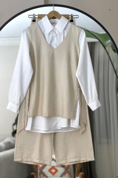 Üçlü taş İşleme yandan bağlamalı Takım Bej FİX8063