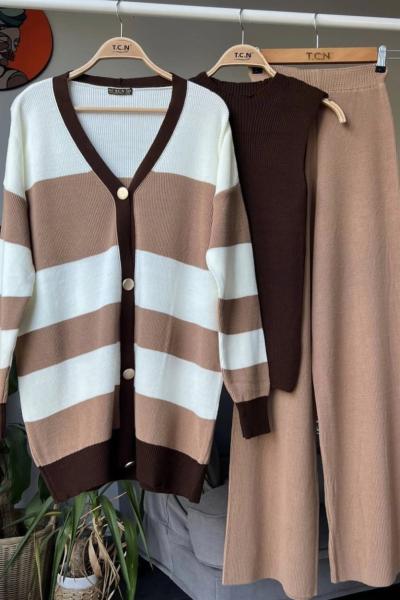 Üçlü triko takım  camel kahve  TCN4050