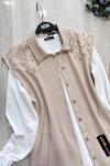 Üçlü yaka dantel ve taş işlemeli  takım  Bej UMS5096