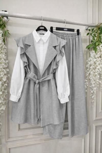 Üçlü yelekli Keten Takım grıUMS50157