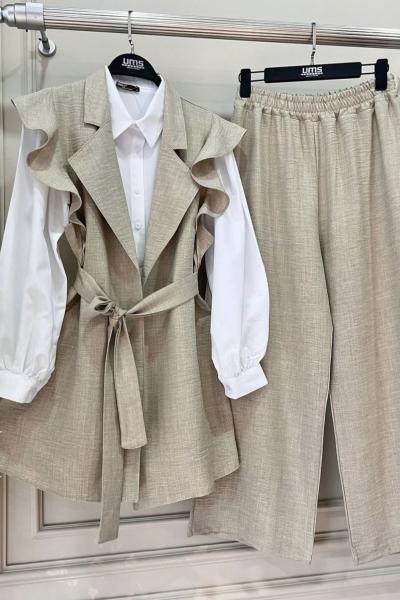 Üçlü yelekli Keten Takım Bej UMS50157