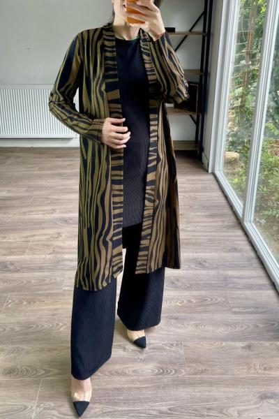 üçlü zebra desen çeketli kaşkorse takım kahve