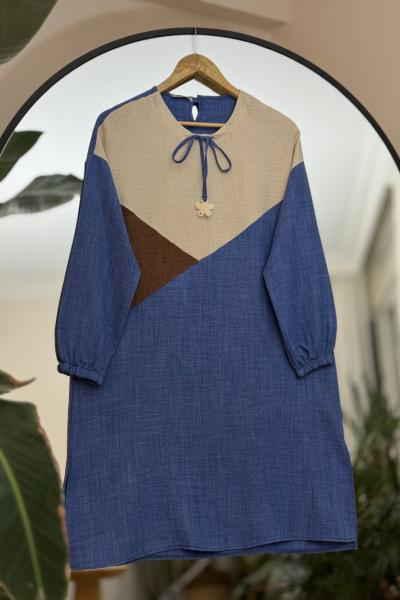 Üçrenk Yaka fiyonklu Uzun Keten Tunik İndigo SLT30268