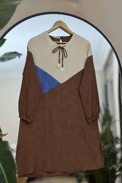 Üçrenk Yaka fiyonklu Uzun Keten Tunik Kahve SLT30268