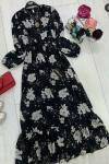 ums 552 astarlı şifon elbise gül desen  sıyah