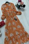 ums 552 astarlı şifon elbise gül desen hardal