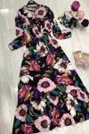 UMS 559 BÜYÜK KARIŞIK GÜL DESENLİ ELBİSE  Fuşya  SİYAH