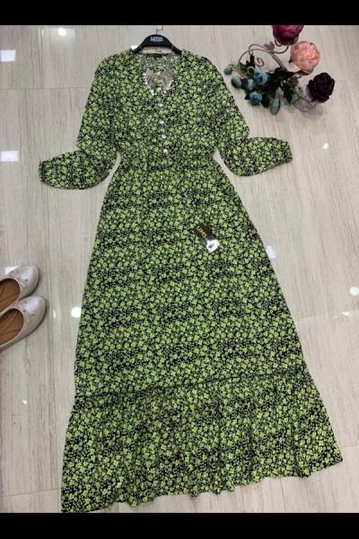 ums 587 yeşil renk mini ççiekli dokuma viskon elbise