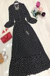 UMS560 PUANTİYELİ  BEL SATIKLI DOKUMAVSIKON ELBİSE SİYAH