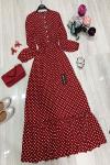 ums560 puantıyelı bel lastılı dokuma vıskon elbise bordo