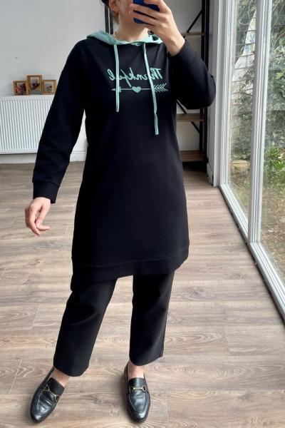 UMS755 Siyah mint kapşonlu tunik