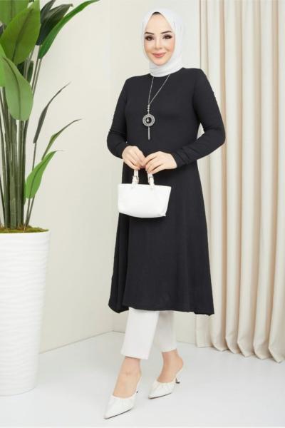 Uzun bürümcük tunik Siyah NEW3069