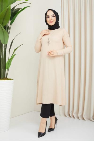 Uzun bürümcük tunik Bej NEW3069
